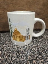 Stoneware Cabin Coffee Mug Christmas Winter Forest Rustic Lodge