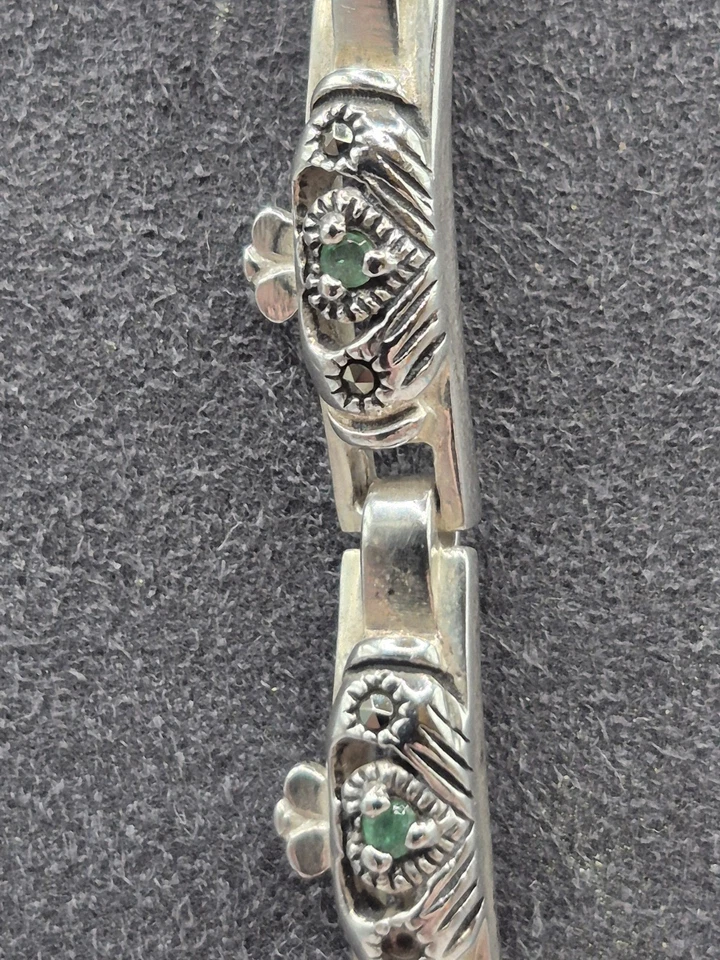 Irish Sterling Silver Ireland 925 Claddagh Bracelet Green Natural Emerald - Image 2 of 4