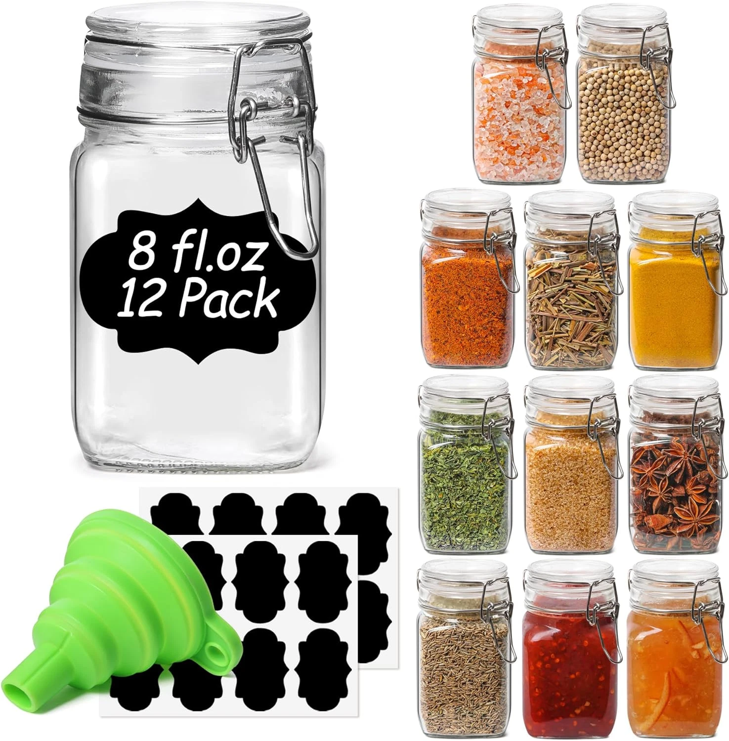 Small Glass Jars with Airtight Lid Set of 12, Spice Jars 8 Oz, Mason Jar 8 Oz, S
