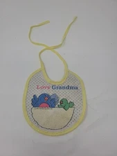 Vintage Playskool Feeding Bib "I Love Grandma" Yellow Birdies Tie Back