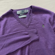 Polo Ralph Lauren Sweater Mens S/P Purple Green Pony Merino Wool V-Neck Pullover
