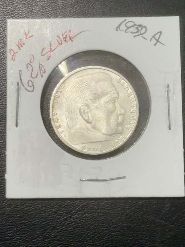 1937 A Germany 2 Reichsmark Silver Coin 62.5% Hindenburg Berlin Mint WWII