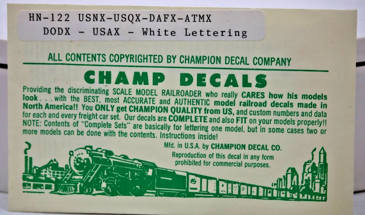 Champ Decals HO Scale HN-122 USNX USDQ DAFX ATMX DODX USAX White Set