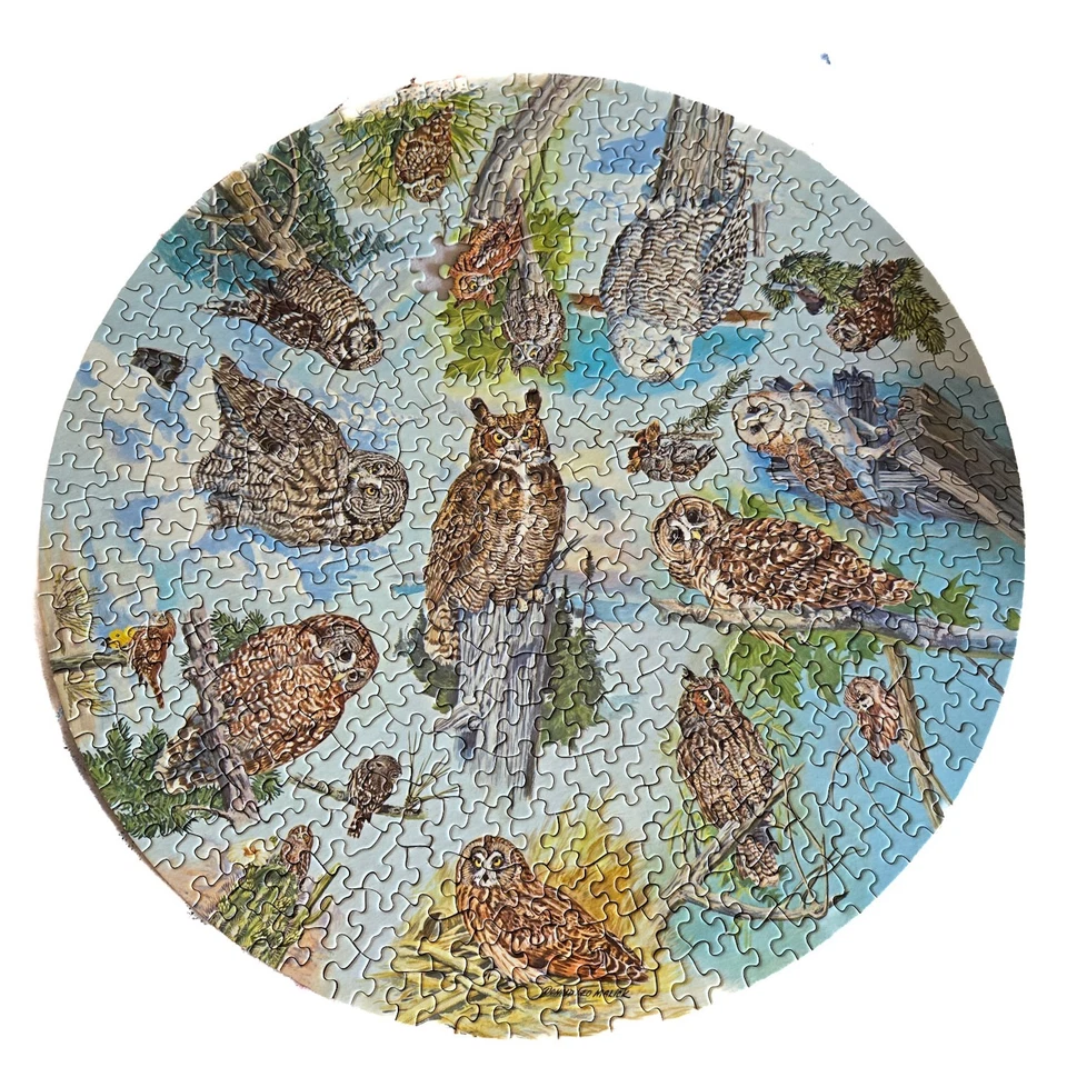 Vintage 1973 Springbok Circular Jigsaw Puzzle Owls 20 3/8" Diameter Missing 1 Pc - Image 3 of 4