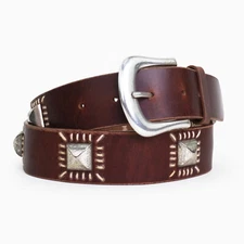 Vintage 1.5" Wide Leather Western Belt with Silver Studs - Brown [Size 32-38]