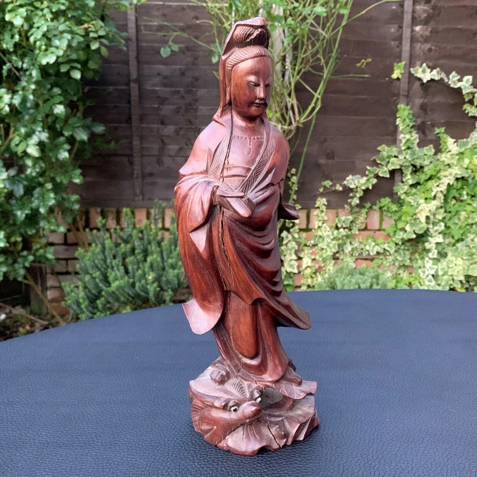 Antique Old Chinese Boxwood Wood Figure Guanyin Bodhisattva Dragon Fish Statue - Image 2 of 4