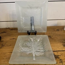 Annie Glass Nature Tree Satin Silver Square 9.5 Inch Plates- Set of 2