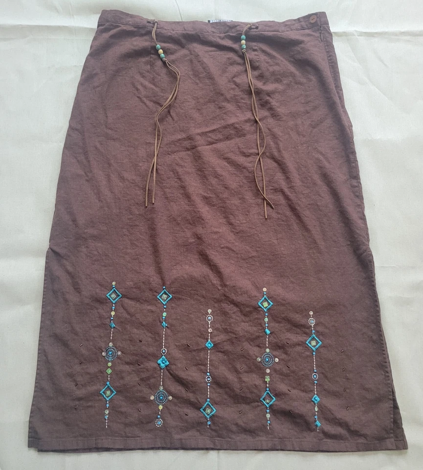 Vinatge Juego de 2 Falda Lino Marrón Azul Cuentas Bordadas Para Mujer L/XL Foto 2 de 4
