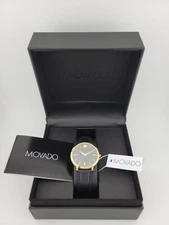 $795 MSRP | Movado Women's Ultra Slim Black Dial Leather Strap Watch 0607091 NEW