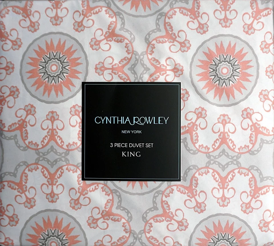 Conjunto de capa de edredom Cynthia Rowley 3 peças medalhão floral coral, cinza e branco KING - Imagem 2 de 4