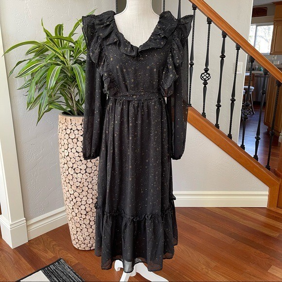 By the River Dress Womens Medium Long Sleeve Chiffon Black and Gold Accents  Midi | eBay