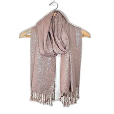 COLLECTION EIGHTEEN Tan Silver Shimmery Long Rectangular Scarf Sparkly Tassels