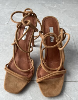 TOPSHOP Rebel taupe Suede strappy high heels sandals ankle wrap Tan Beige  Tie Up UK