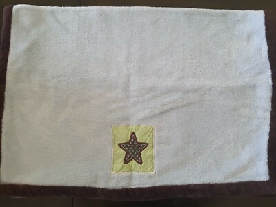 Kids Line Blue Baby Blanket Brown trim  Green patch Star Lovey 30''x 40'' Security