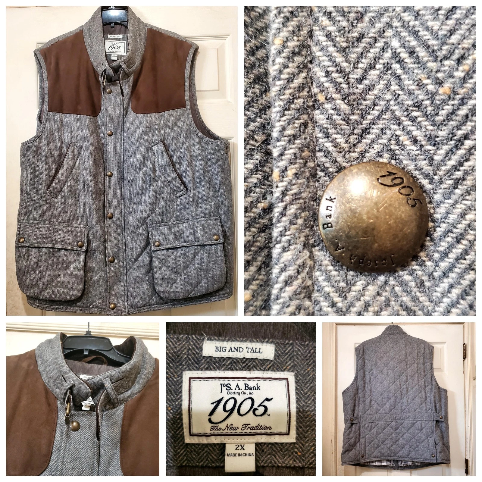Jos A Bank Vest Mens 2X Big Tall Gray Herringbone Wool Quilted Field Brown Yoke