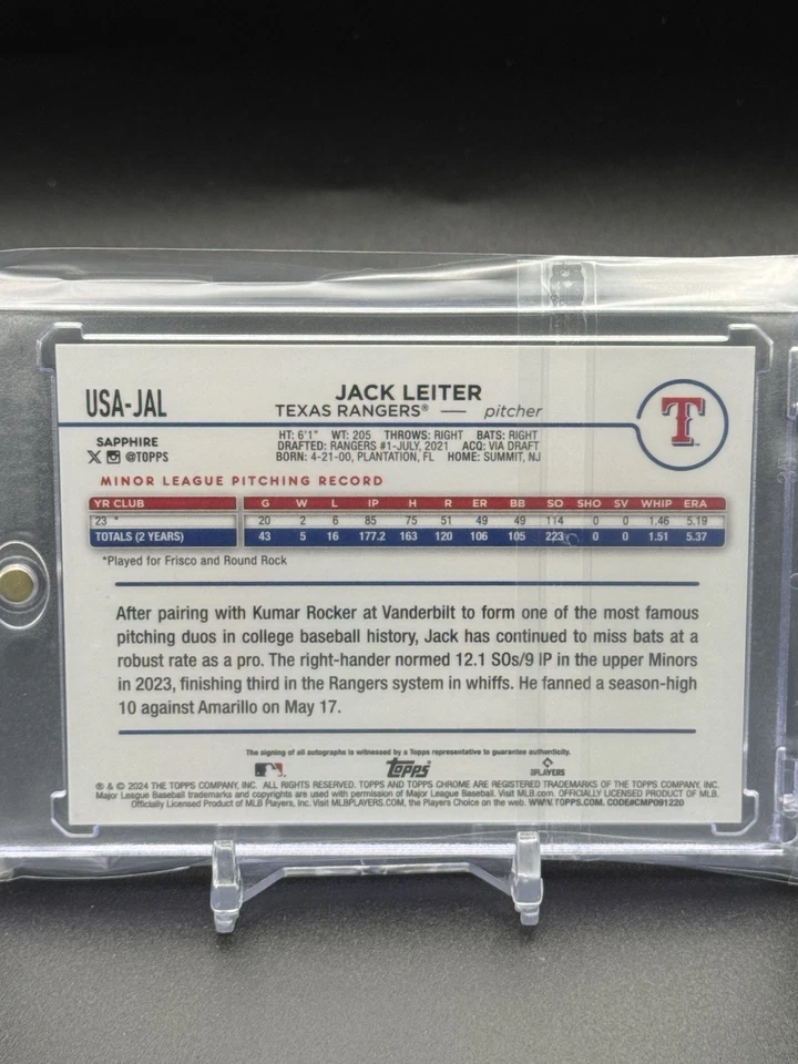 2024 Topps Chrome Sapphire - #USA-JL Jack Leiter Green Sapphire Rookie Auto /99 - Image 2 of 2