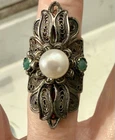 Vintage 925 Sterling Silver Cocktail Pearl & Marcasite Ring Size 7 #8868