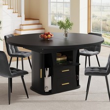 Extendable Dining Table Round Oval 118-158cm with Storage Black for 4-6 People