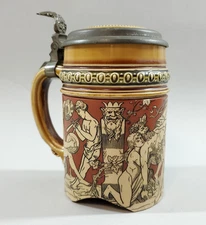 Antique German Mettlach Bacchus Procession Etched Beer Stein #2035 As Is