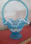 Fenton Charleton Blue Satin Glass Basket Hand Painted Pink Roses - Bill Fenton
