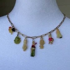 Vintage Celluloid Cracker Jack Charm Necklace Upcycled Handmade 18k Gold P Steel