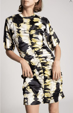 Ganni Black & Yellow Tie-Dye Silk Ruched Mini Dress Short Sleeve | Size 34