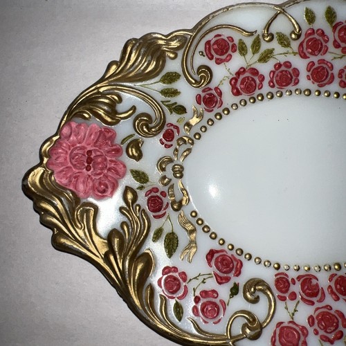 Antique Victorian Hand Painted Florals On Opalescent Milk Glass Tray/Plate - Picture 4 of 7