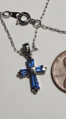 Dainty Blue Rhinestone Religious Cross Pendant 18" Chain Necklace - Picture 3 of 5