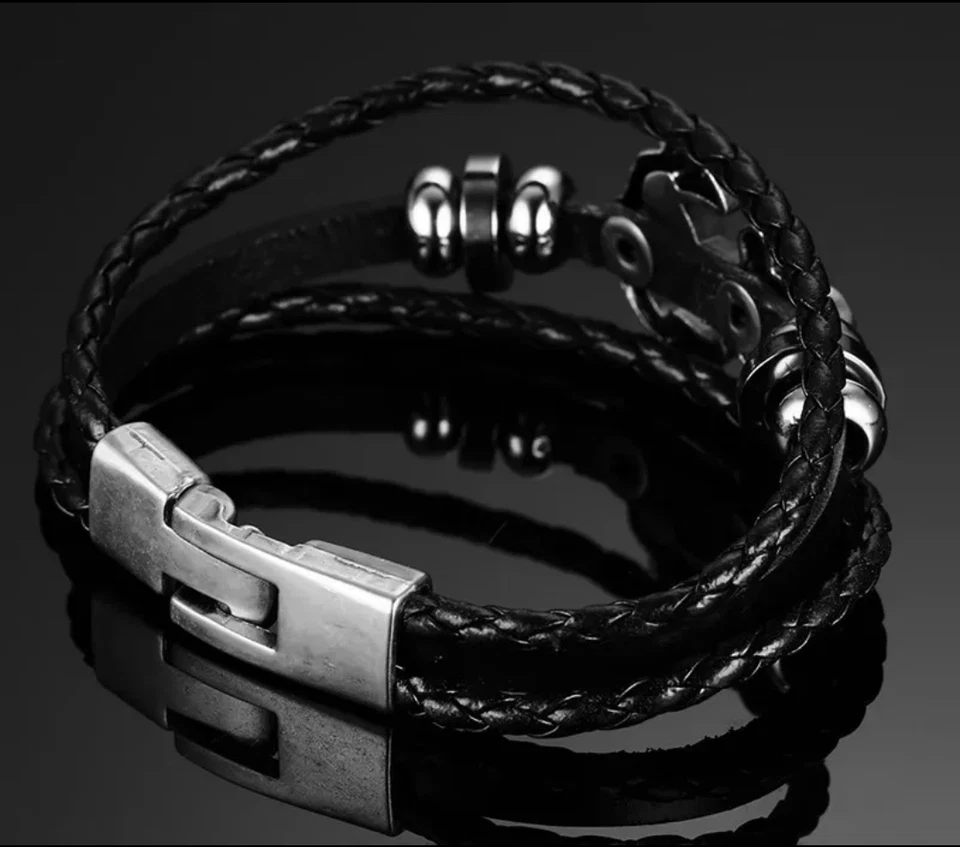 Bracciale Braccialetto Uomo con Ancora e cordoncino cuoio - Idea regalo - Immagine 3 di 4