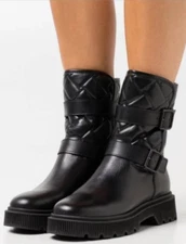 Kurt Geiger London Kingston Quilted Moto Black Leather Boots Size: 38