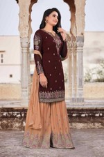 INDIAN BROWN FAUX GEORGETTE EMBROIDERY STITCHED L SHARARA SUIT.