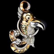 MB Boucher Gold Pave Giant Aztec Parrot or Toucan Swinging on Ring Bird Pin Clip