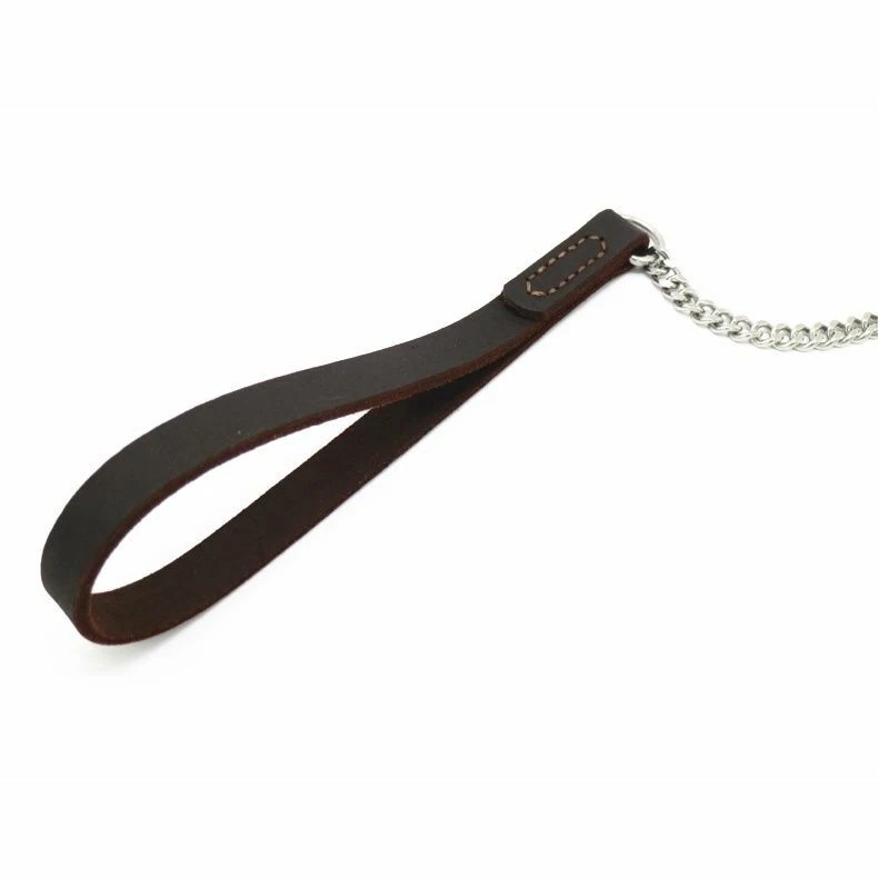 Cadena de acero inoxidable para caminar entrenamiento mascota mango de cuero correa para perro Foto 3 de 4
