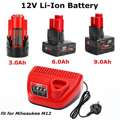 12V 3A 6.0A 9A Li-Ion Battery for Milwaukee M12B6 M12 XC 48-11-2401 2402 Charger