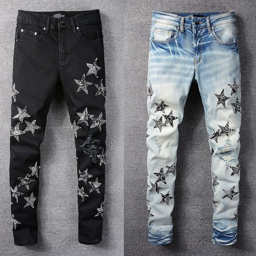 Men's Denim Pants Ripped Stars Paisley 