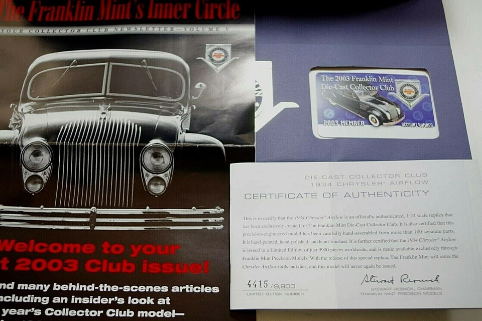 FRANKLIN MINT 1934 CHRYSLER AIRFLOW 1:24 SCALE DIE CAST L.E. 4415/9900 RARE MIB - Image 2 of 4