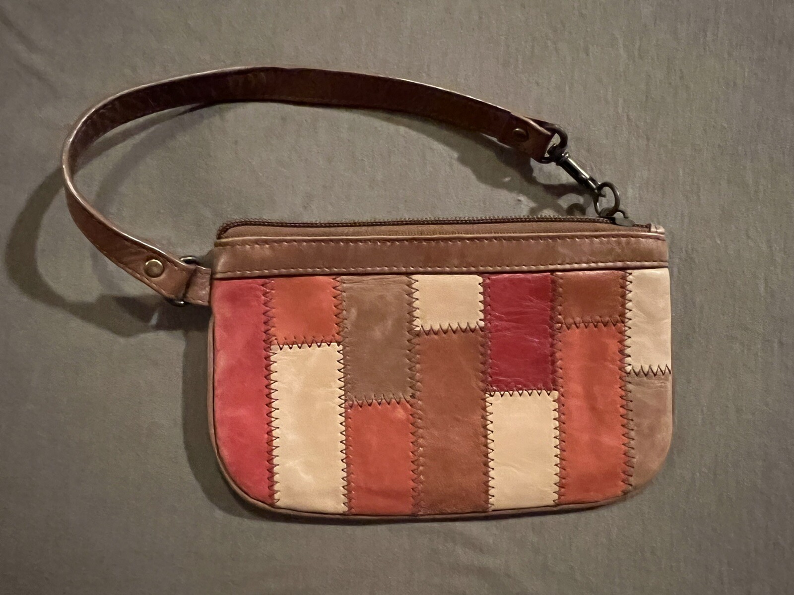 Fossil Brand Patchwork Brown Leather Wristlet Wal… - image 1