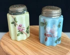 Salt & Pepper Set Antique Ribbed Milk Glass Hand-Painted Flowers-Baby Blue&White