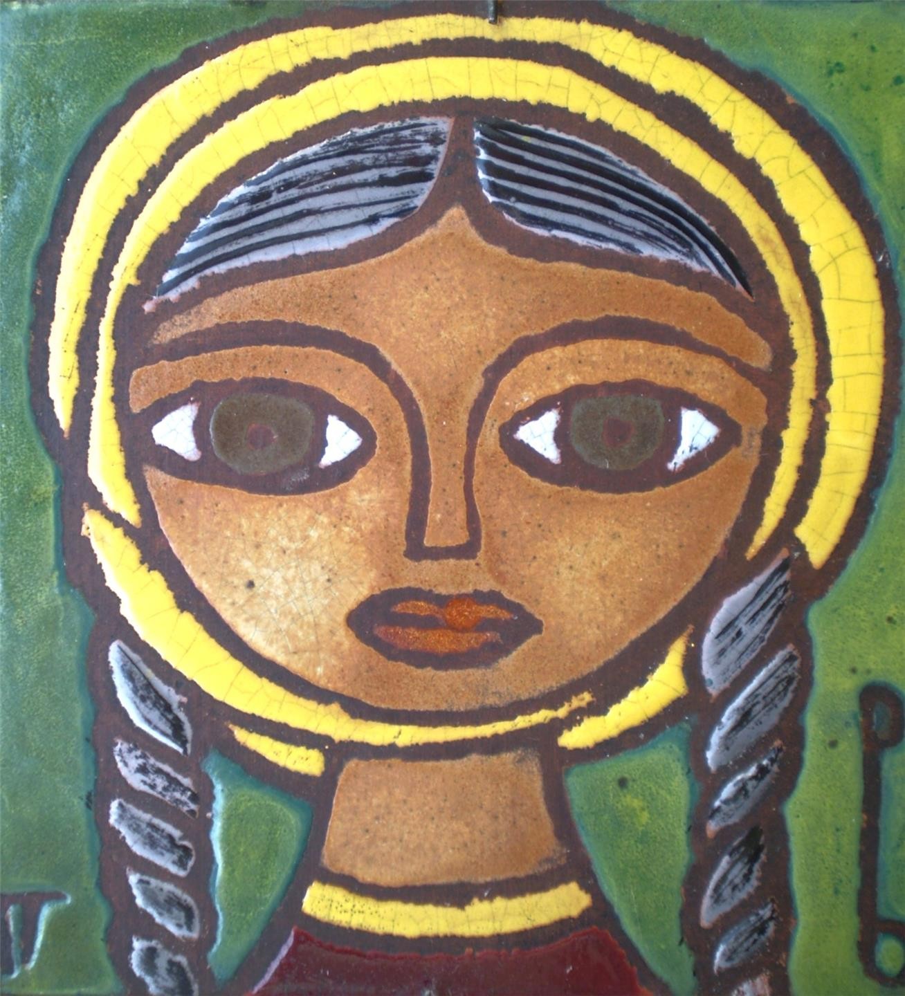 Greek Ceramic Tile Art Miniature Portrait Refugee Girl Panos Valsamakis Signed.