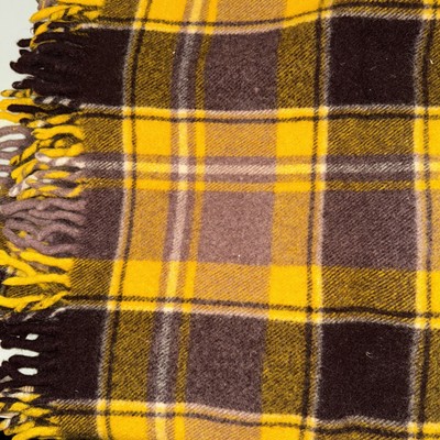 Vintage Felted wool blanket fringe gold brown plaid 46  x 43  heavy weight