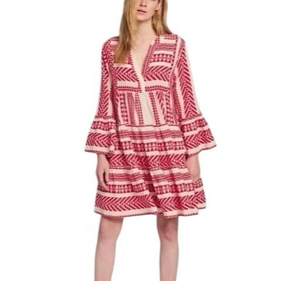 Devotion Twins Anthropologie Ella Dress Red White Embroidered Cotton Boho Size S
