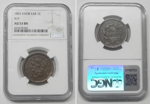 1855 Braided Hair Large Cent, NGC AU 53 BN, Knob on Ear  #8002