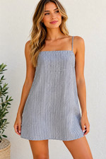 Reformation Aubree Mini Dress M Gray White Stripe 100% Linen Tie Strap