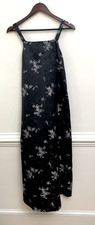 Hand Made Floral Slip Maxi Dress Black w/ Purple Flowers Asian Silky Sleeveless