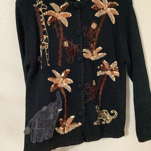 Victoria Harbour Vintage 90s Black Embroidered Safari Knit Cardigan Medium - Picture 4 of 11