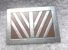 Embedded Diagonal Wood Pattern Silver Frame Rectangle Belt Buckle Great Shape
