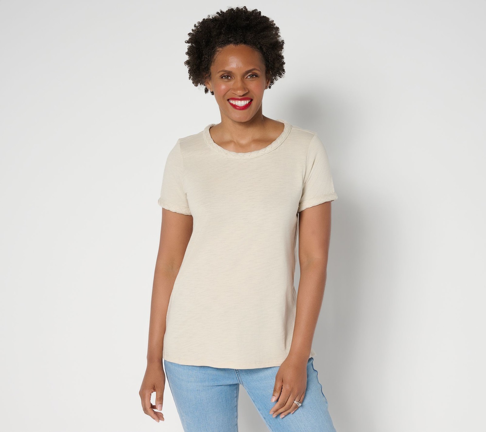 Belle by Kim Gravel Women's Top Plus Sz 1X Slub Knit Cape Cod Rope White A688040