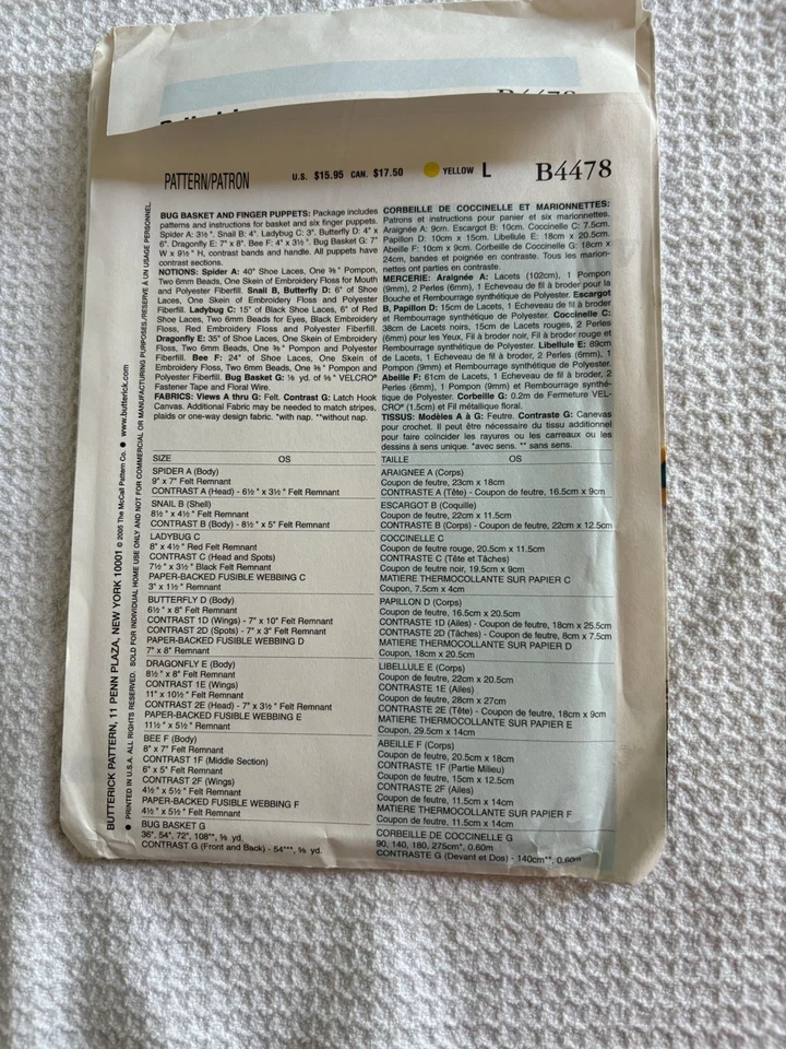 Butterick B4478 Childs' Bug Basket & Finger Puppets NEW UNCUT FACTORY-FOLDED  - Image 2 of 3