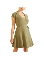 GUESS Womens Green Tie Unlined Short Sleeve V Neck Short Cocktail Wrap Dress S