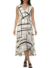 Banana Republic White & Black Sleeveless Faux Wrap Midi Dress w/ Ruffle - Medium